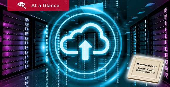A data center in the background with an illustrated cloud and semiconductor in the foreground.