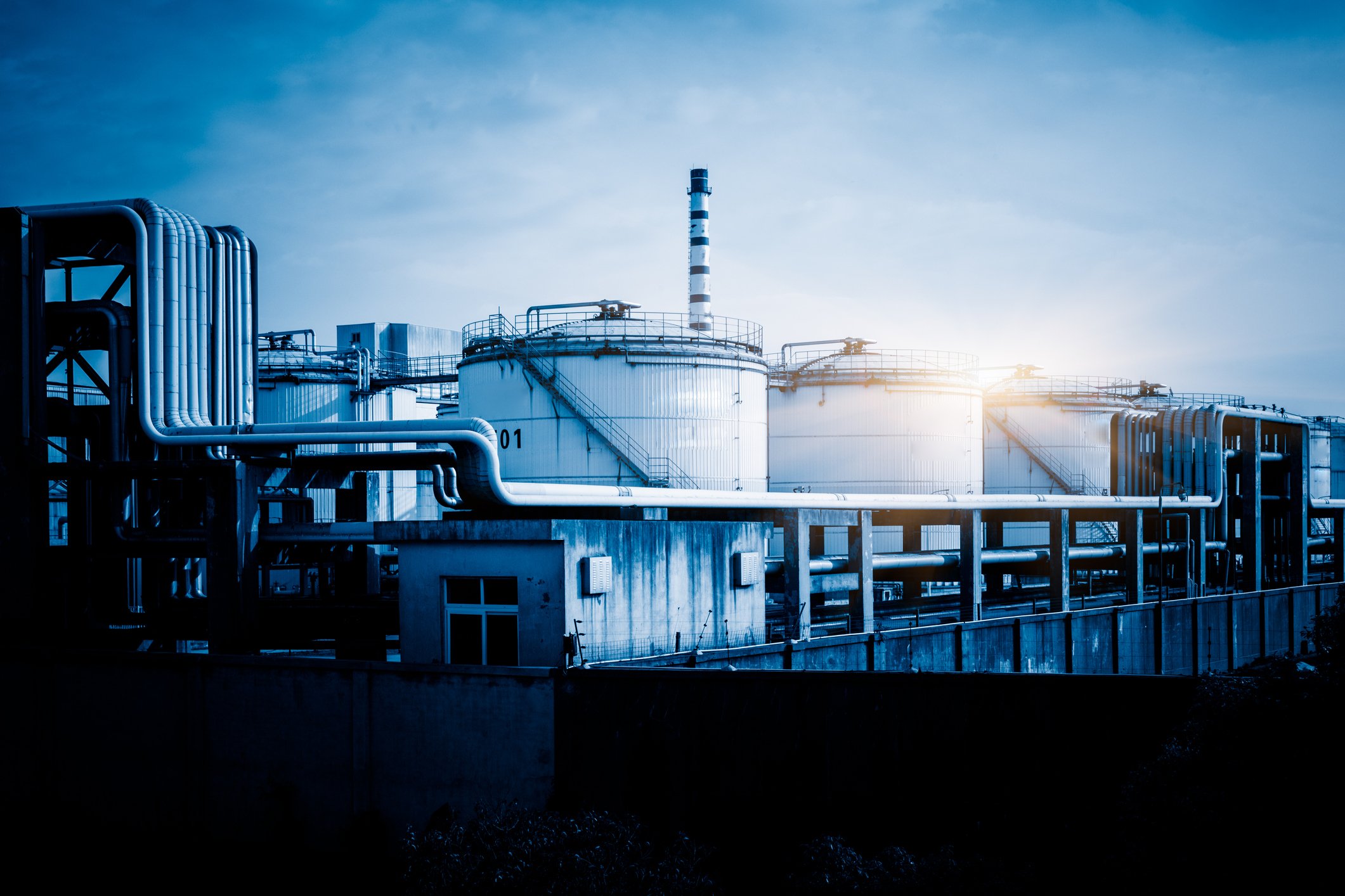 An oil storage complex with pipelines.