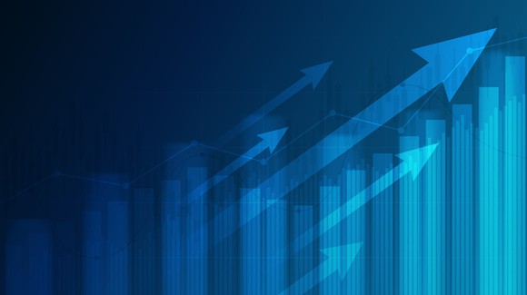 A blue bar chart with an arrow on top and a dark blue background.