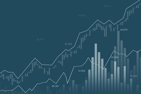 A line and bar chart on a dark background.