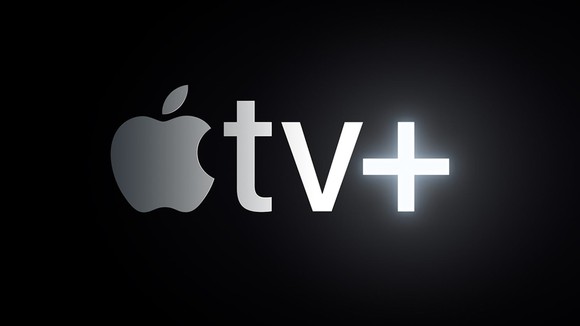 Apple TV+ logo in gray against a black background. 