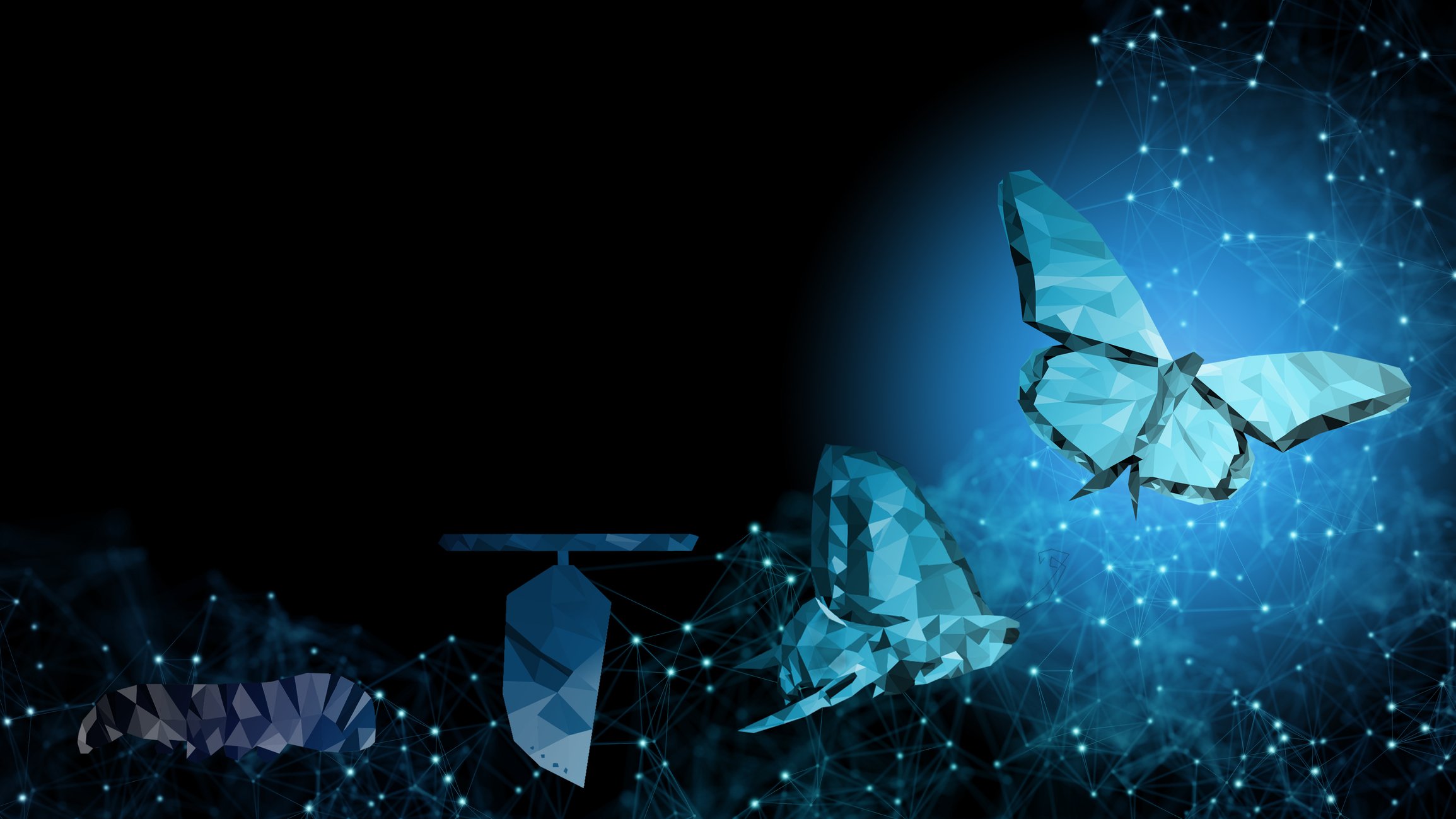 A digital caterpillar transforms into a butterfly.