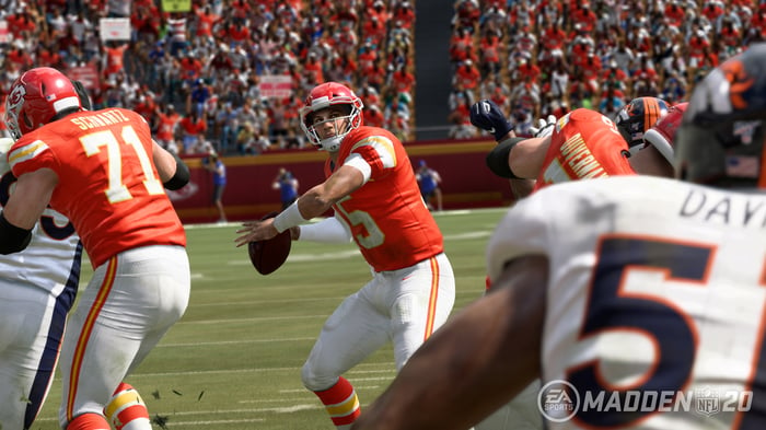 A screenshot from Madden NFL 20 showing a quarterback throwing a football.