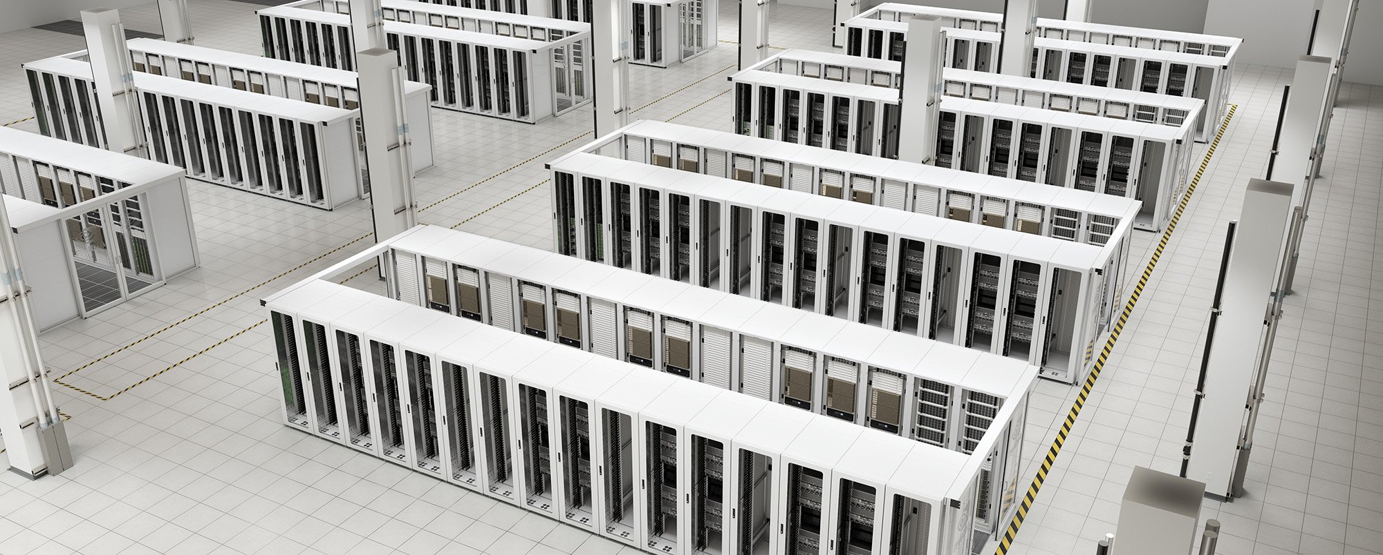 A data center with rows of supercomputers.