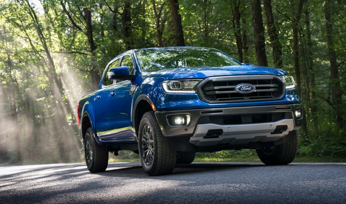 A blue 2020 Ford Ranger, a midsize pickup truck, on a wooded road.