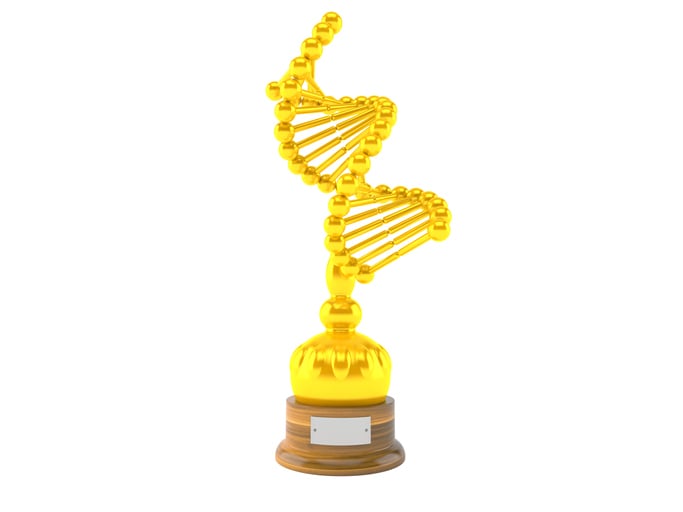 A golden statue of DNA.