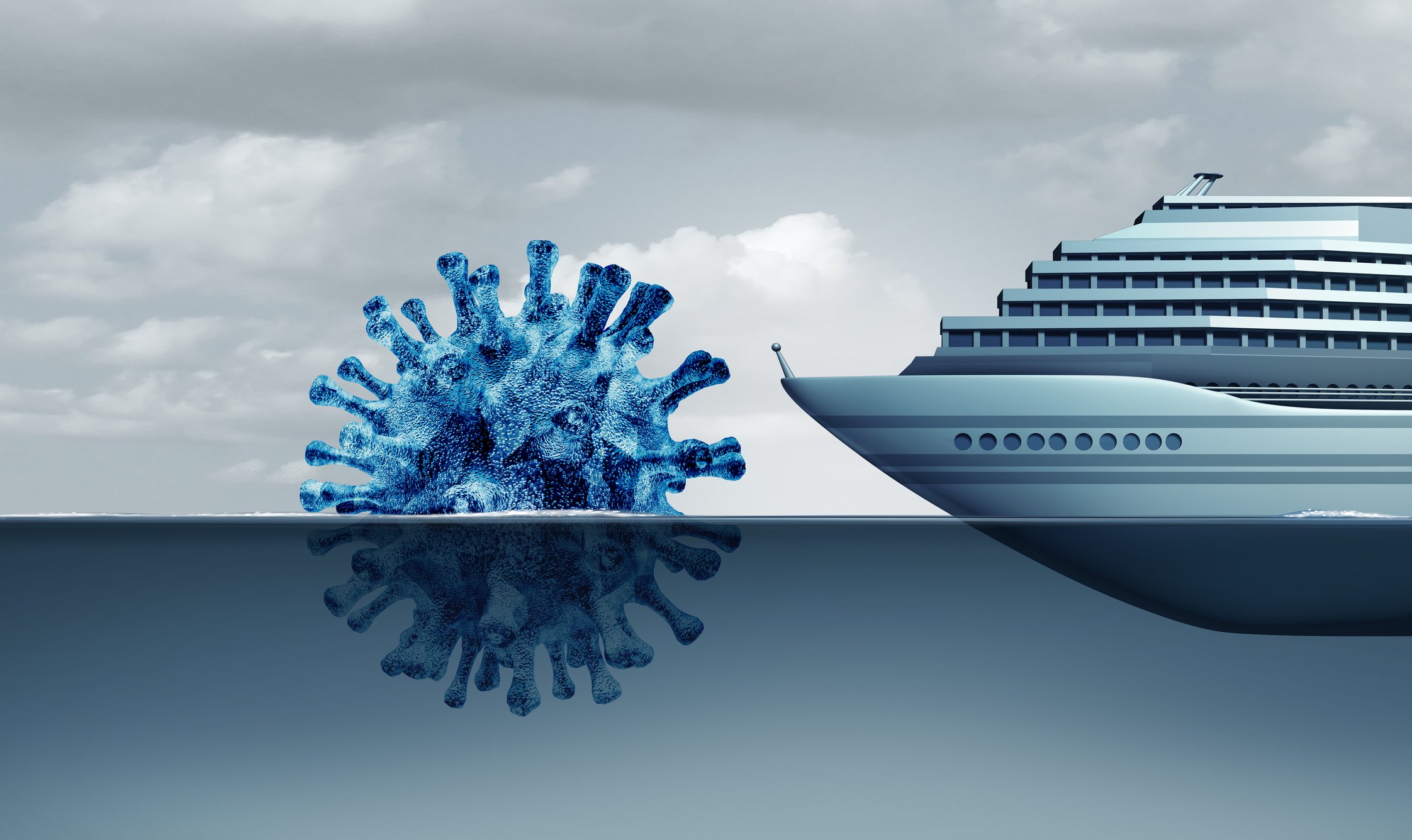 An iceberg in the shape of a coronavirus cell is blocking the path of a cruise ship.