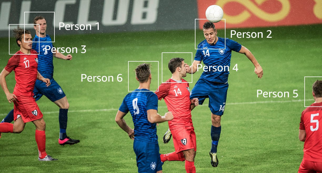 Face recognition software at work on a group of soccer players.