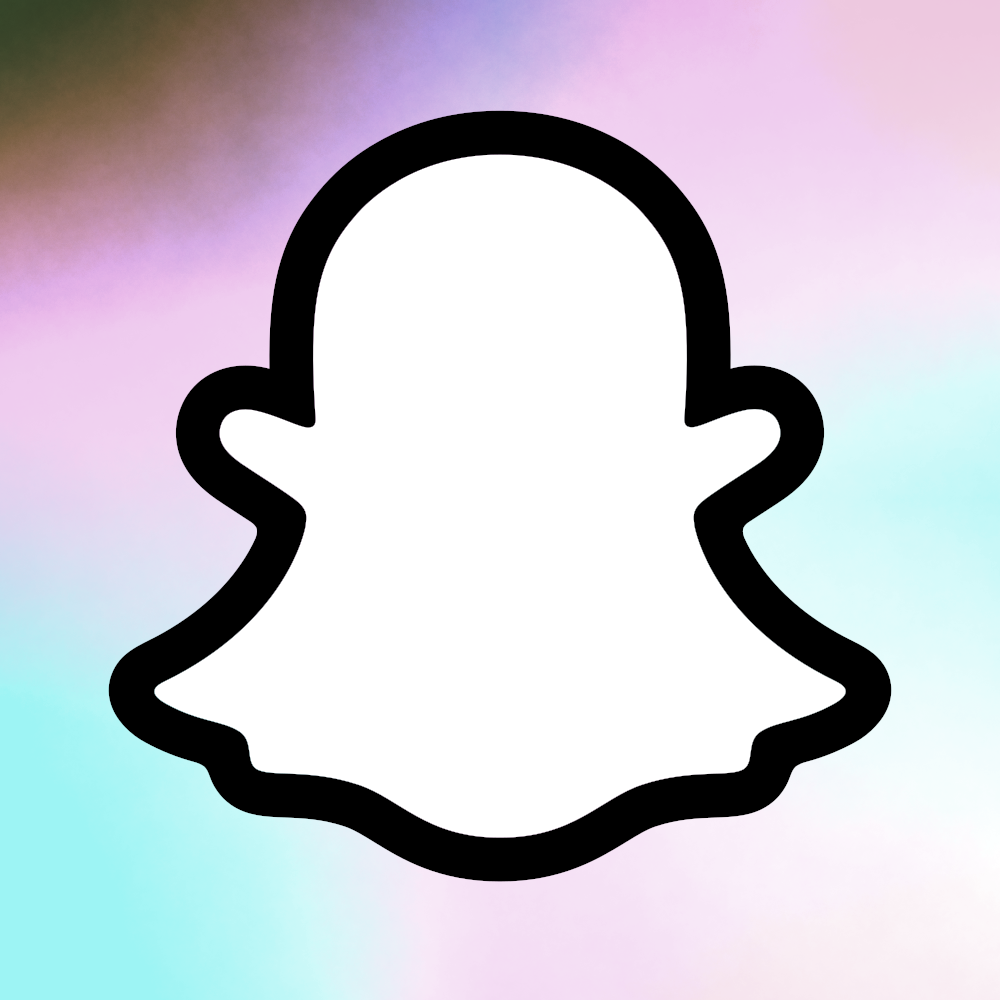 Snapchat's white ghost logo in a field of speckled colors.