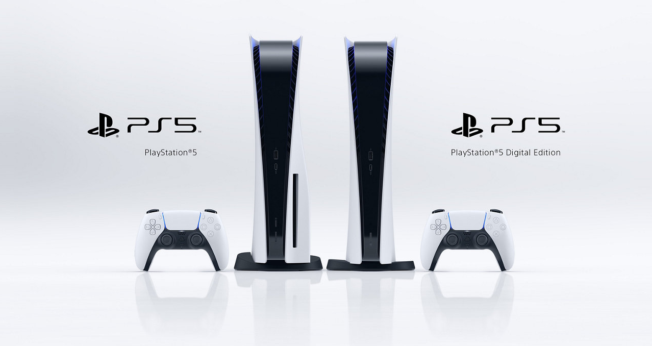 A photo of the two PlayStation 5 variants, PS5 and PS5 Digital Edition.