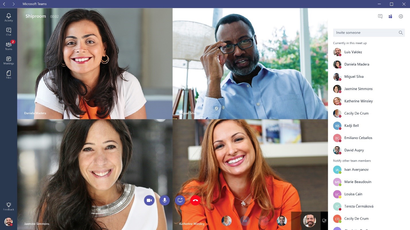 A screen cap of four people chatting on a Microsoft Teams video call