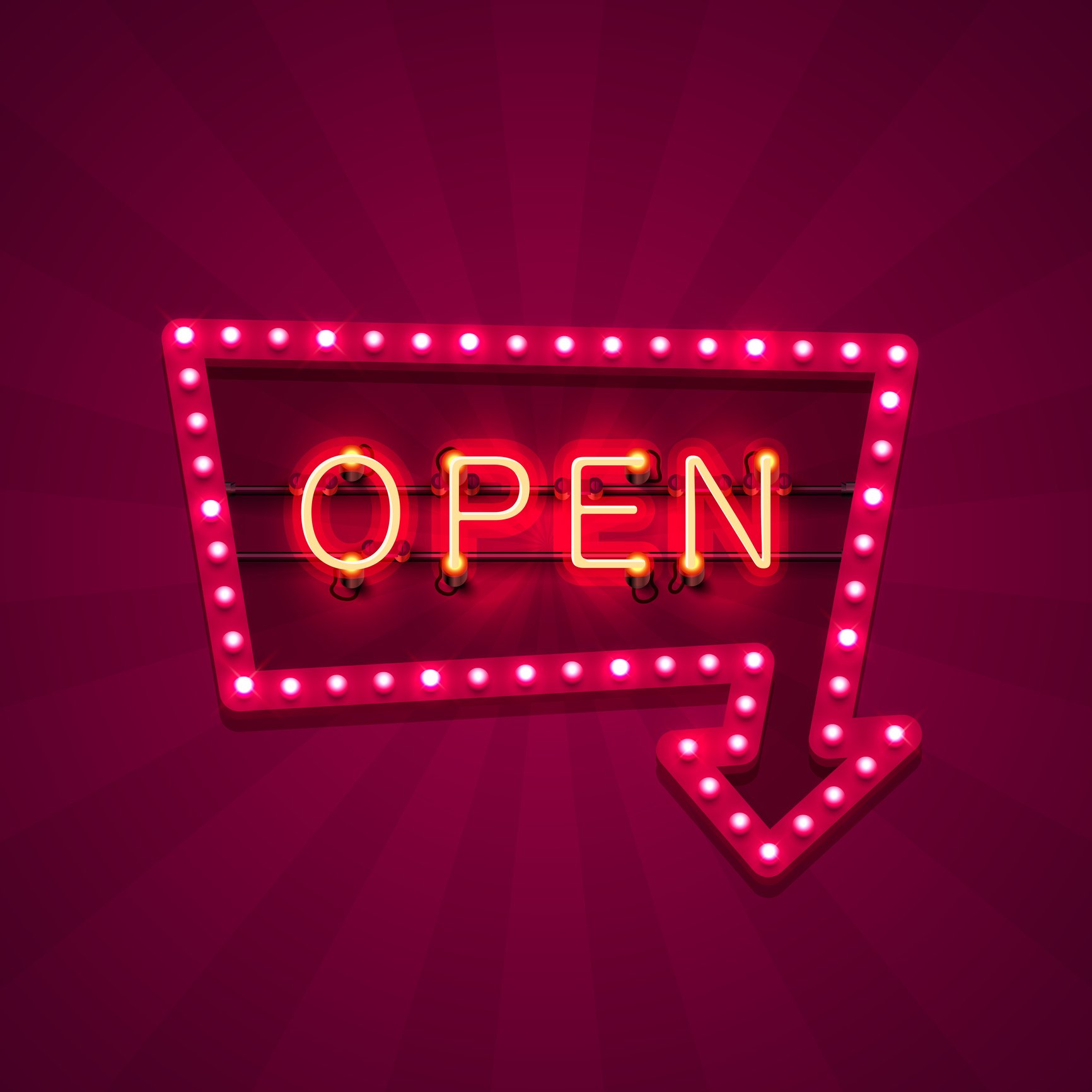 Neon arrow sign reads OPEN