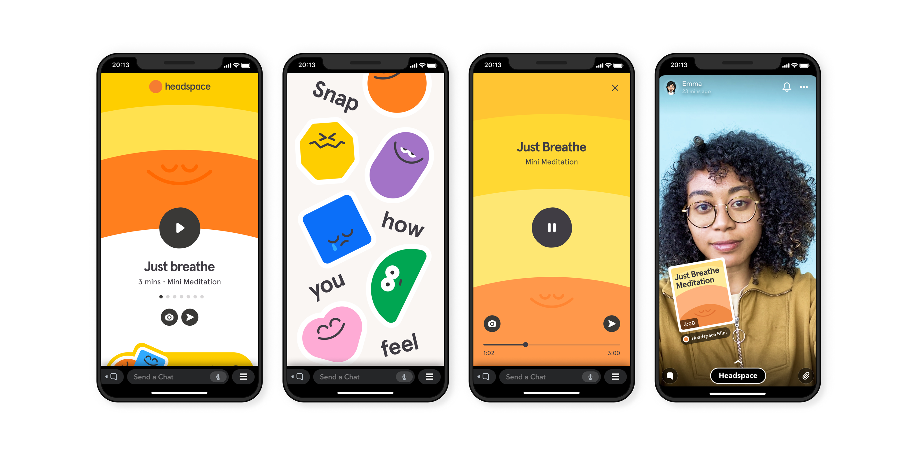 Four smartphones displaying examples of the Headspace mini app interface
