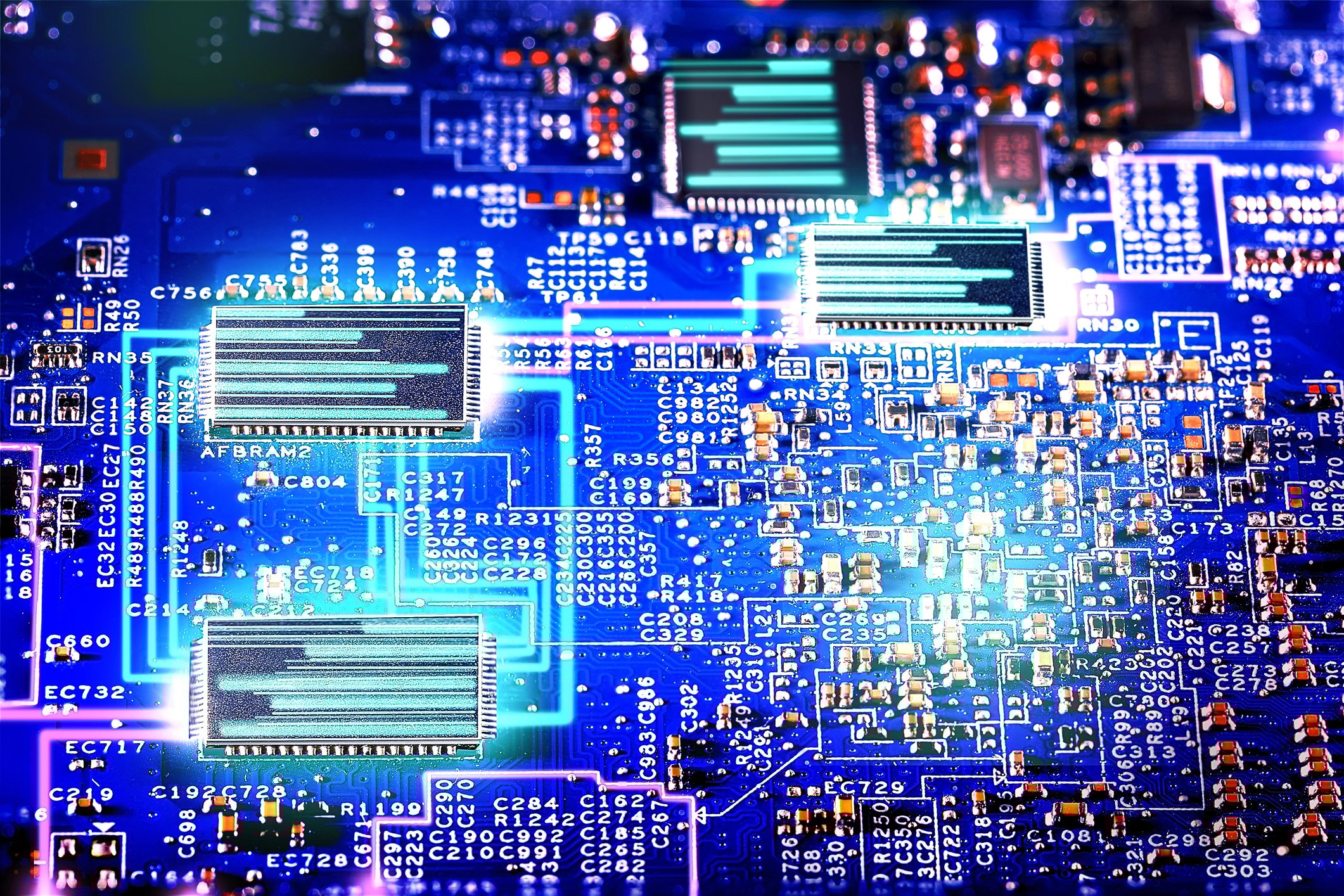 Chips on a circuit board.