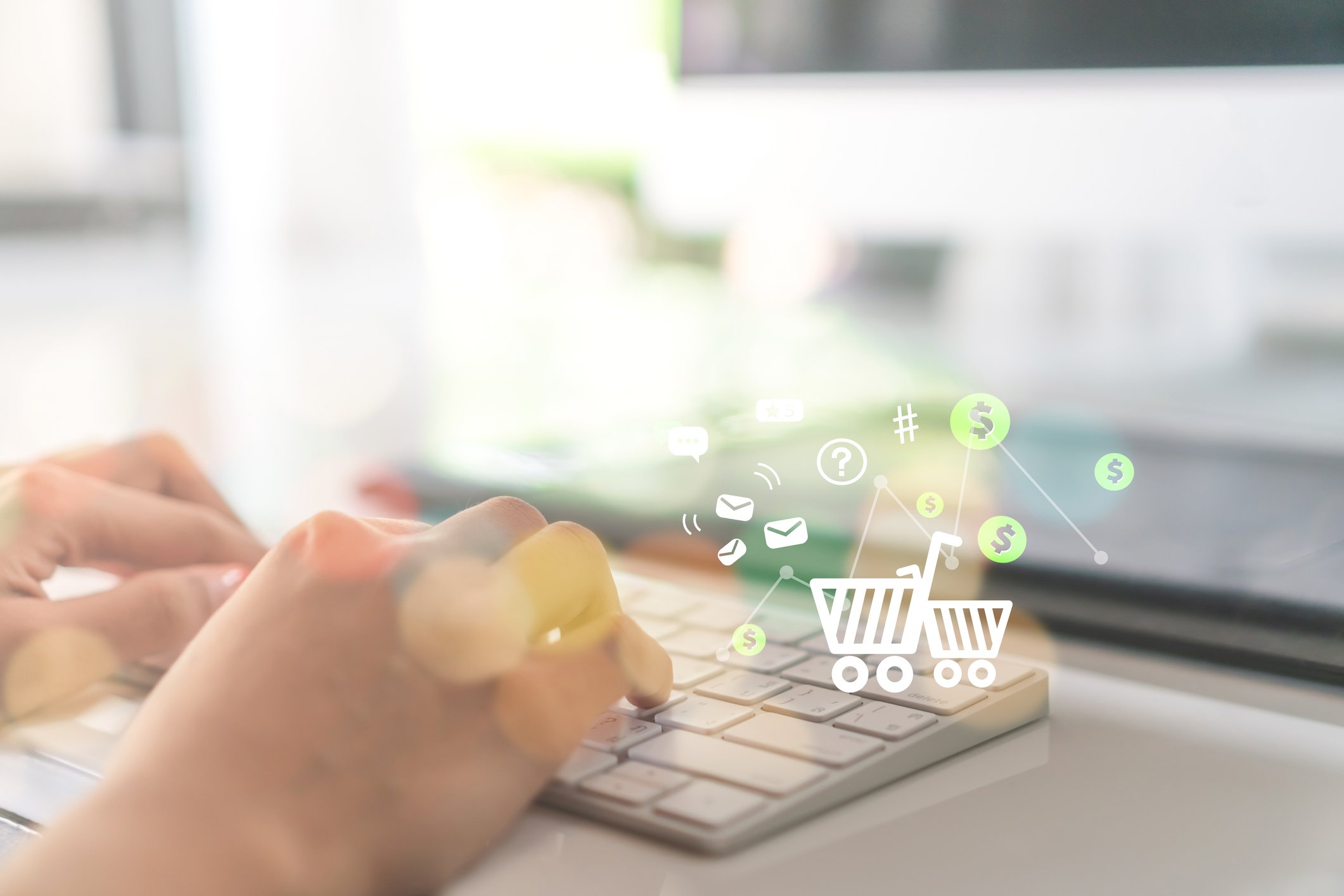 Shopping cart and dollar icons and a person using a .