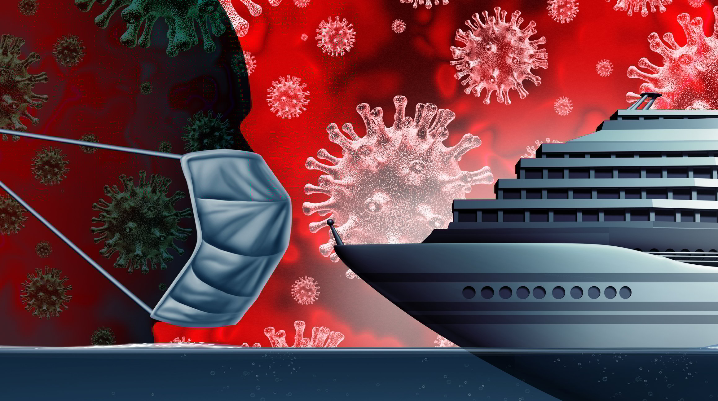Coronavirus virions surround a person wearing a face mask and a cruise ship.