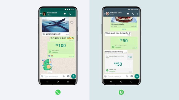 Two smartphones displaying payments interface in WhatsApp