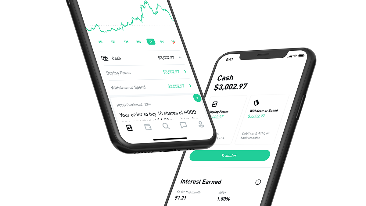 Two smartphones displaying the Robinhood stock trading app.