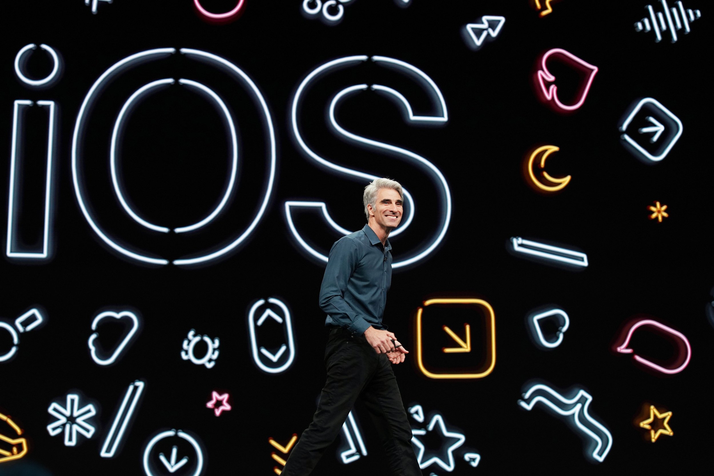 Apple senior vice president of software engineering Craig Federighi unveils iOS 13 at WWDC 2019