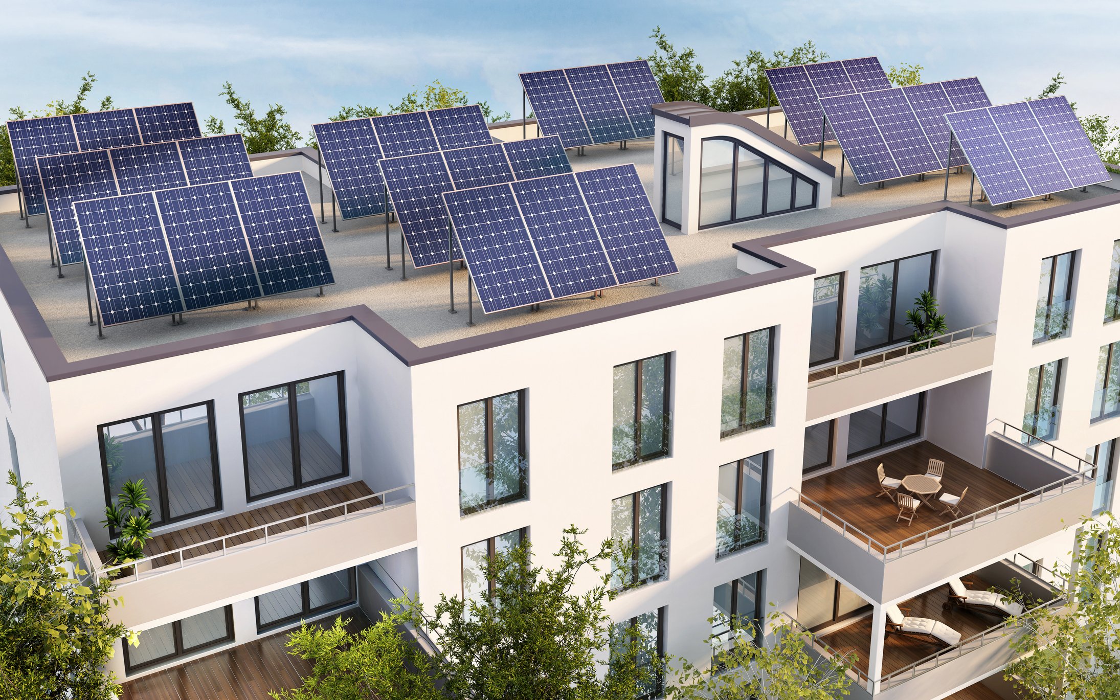 Solar panels atop a multi-unit apartment building