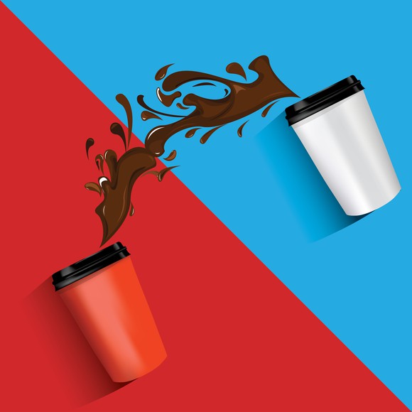 Coffee spilling on a blue and red background. 
