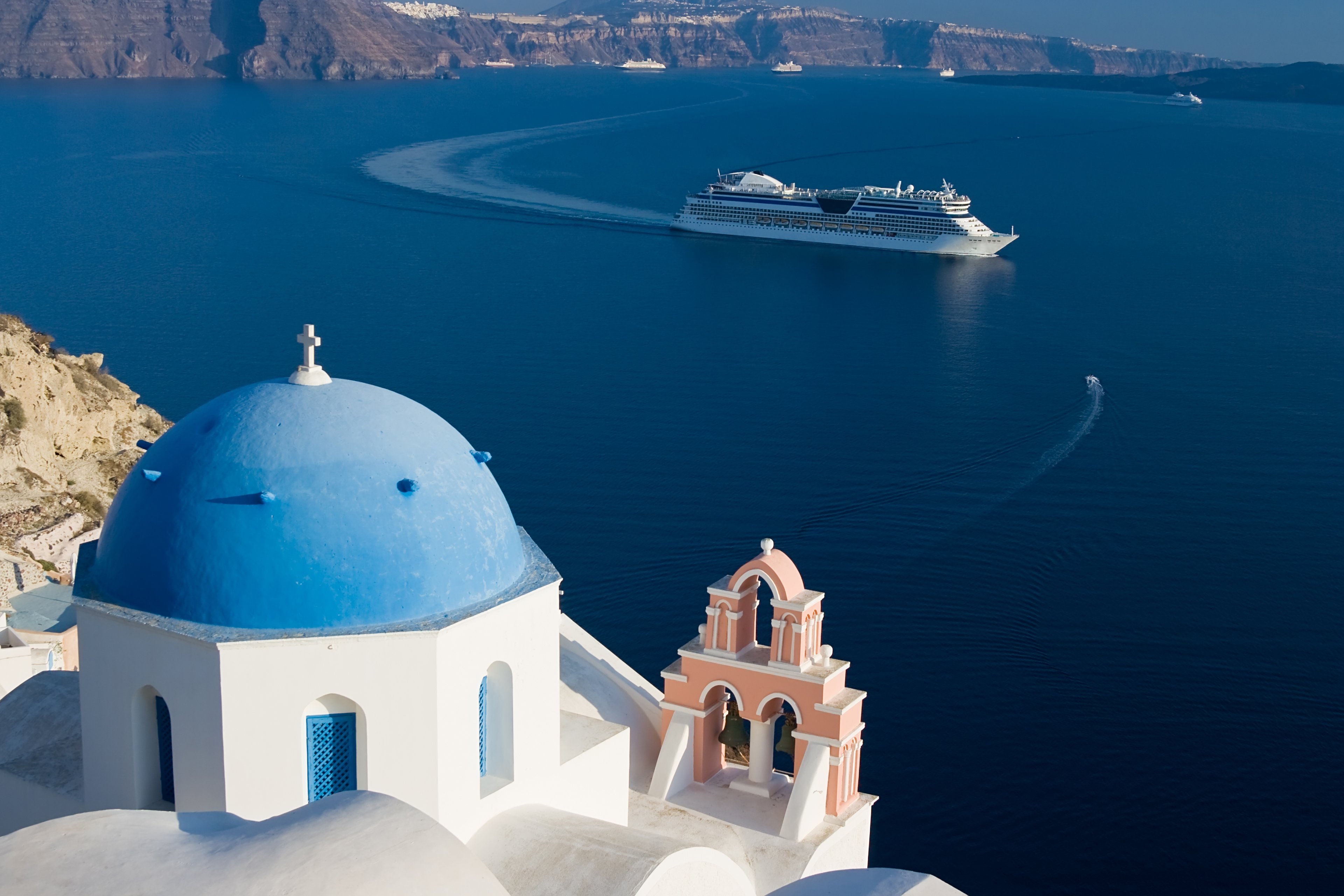 Cruise ship off Santorini.