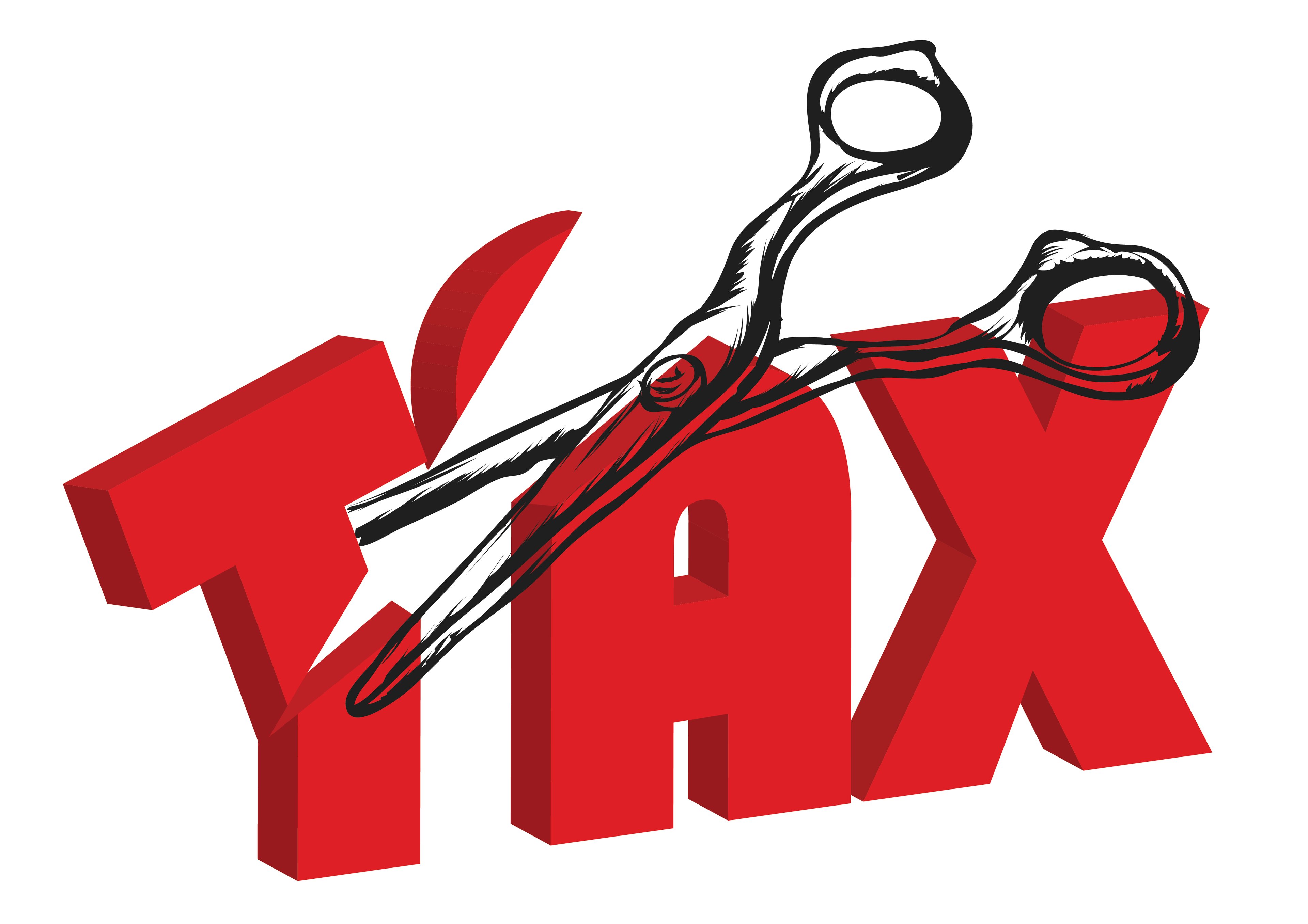 Scissors cutting through the word tax