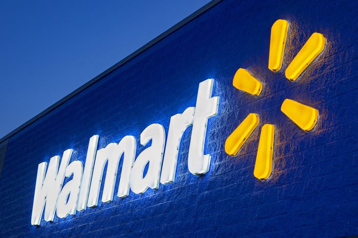 Walmart store exterior at night.