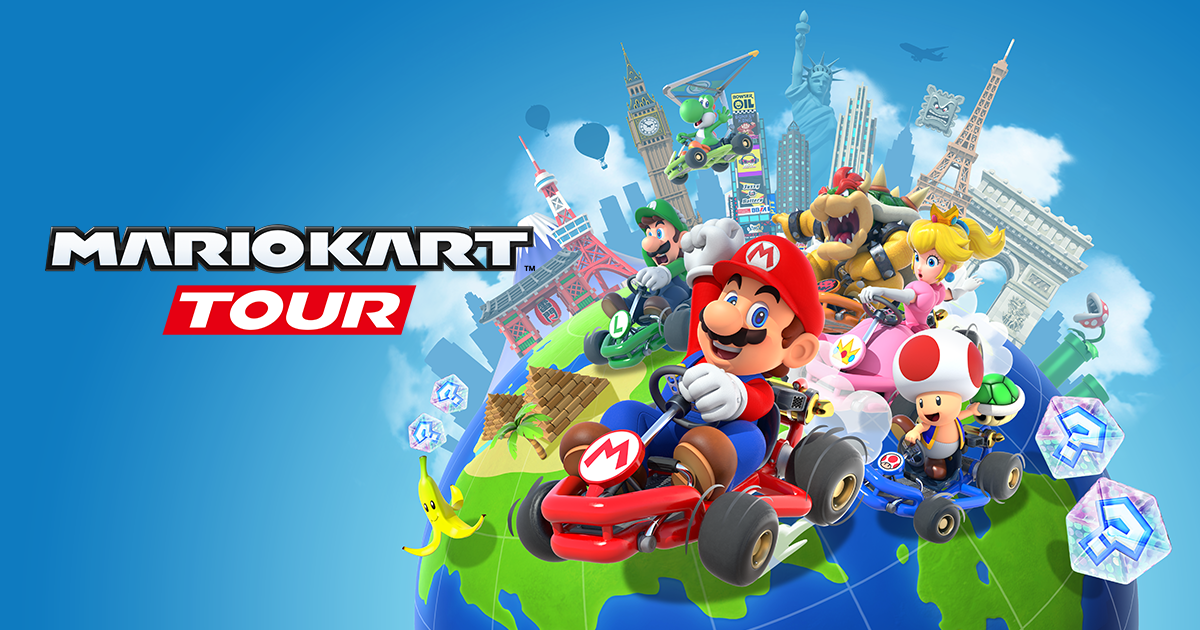 Characters from Nintendo's 'Mario Kart Tour' and the game's logo.