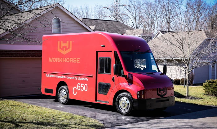 A red Workhorse C650, an electric delivery van