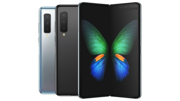 A Samsung Galaxy Fold smartphone displaying a picture of a butterfly.