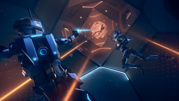 Characters from Ready at Dawn's game 'Lone Echo' floating in a space environment.