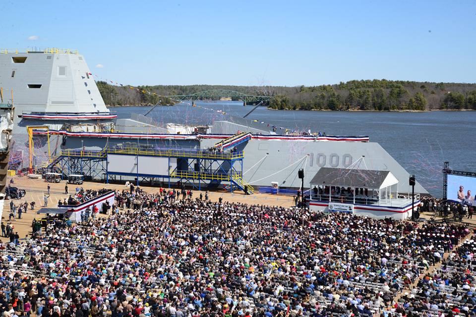A destroyer is commissioned at Bath Iron Works.