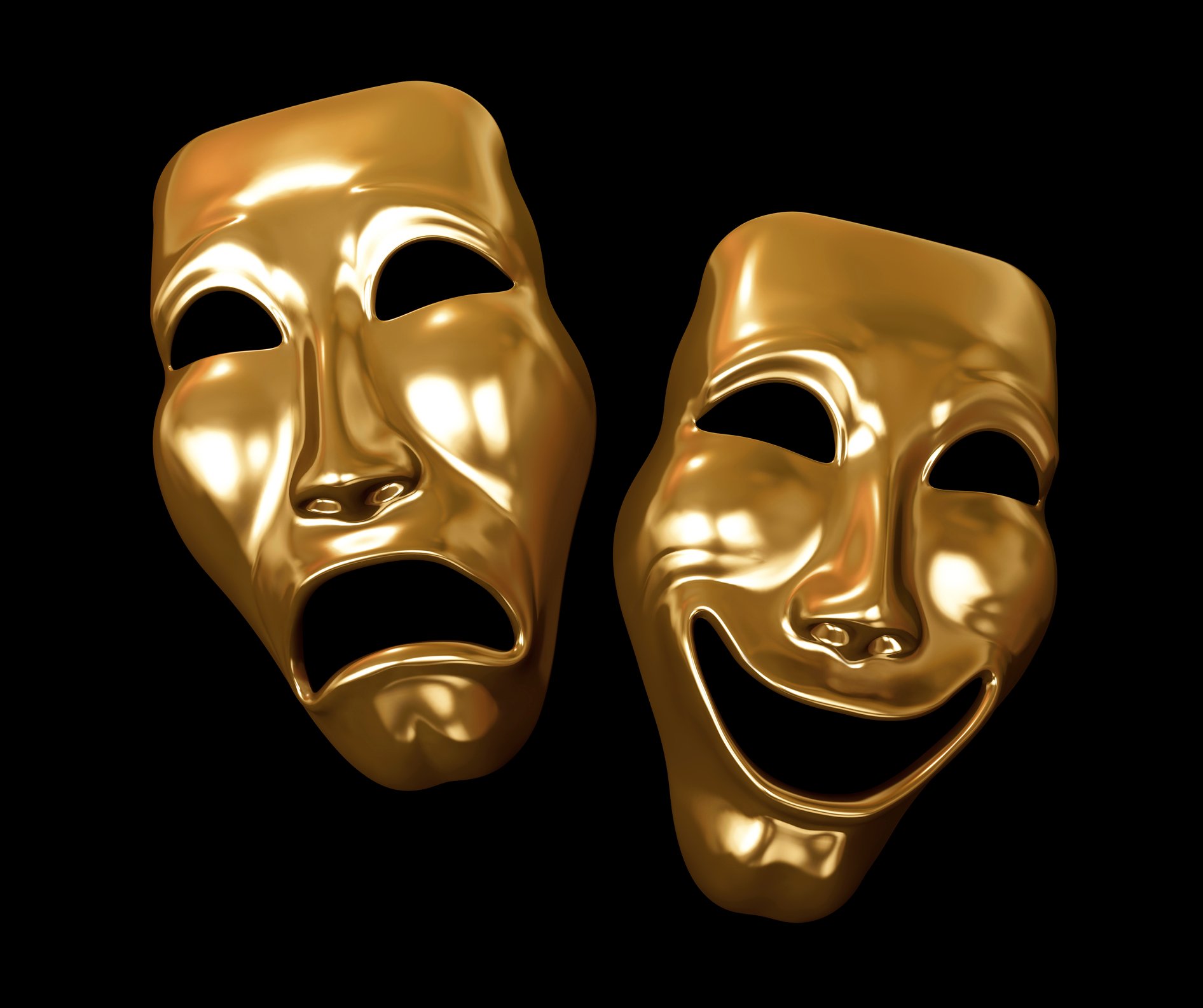 Two golden golden masks, tragedy and comedy, on a black background.