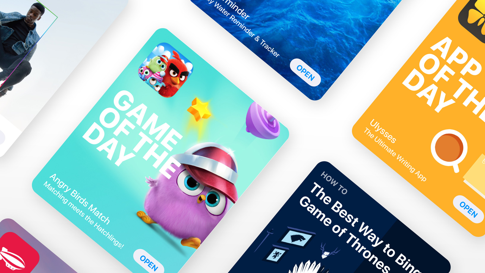 App Store content cards laid out in a diagonal grid