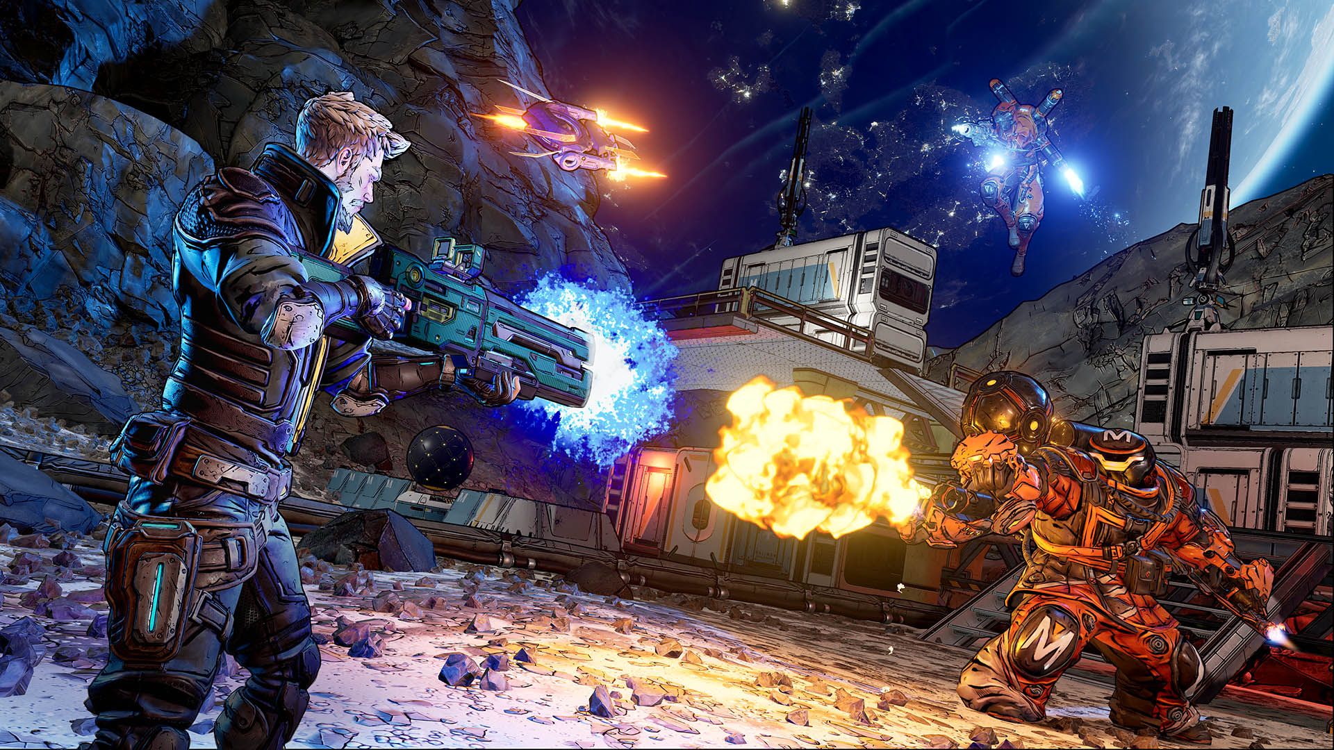 A screenshot of Take-Two's Borderlands 3 video game showing a soldier firing a gun at a large enemy.