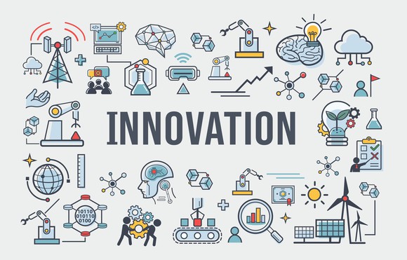 The word innovation in the center of various graphics representing innovation in different industries.