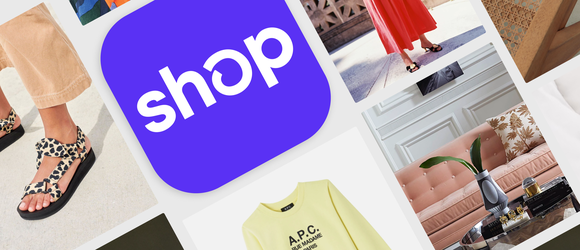 Shopify's Shop app logo surrounded by pictures of merchant products.