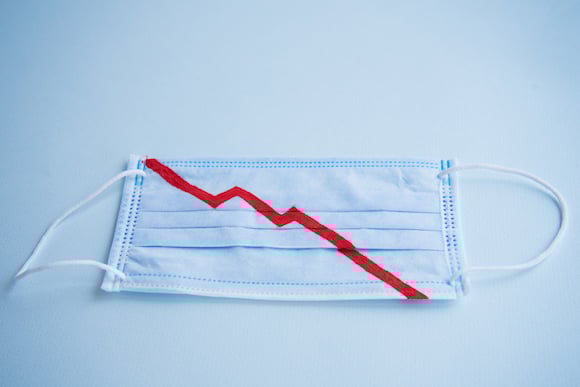 Blue medical mask with falling stock market line on it