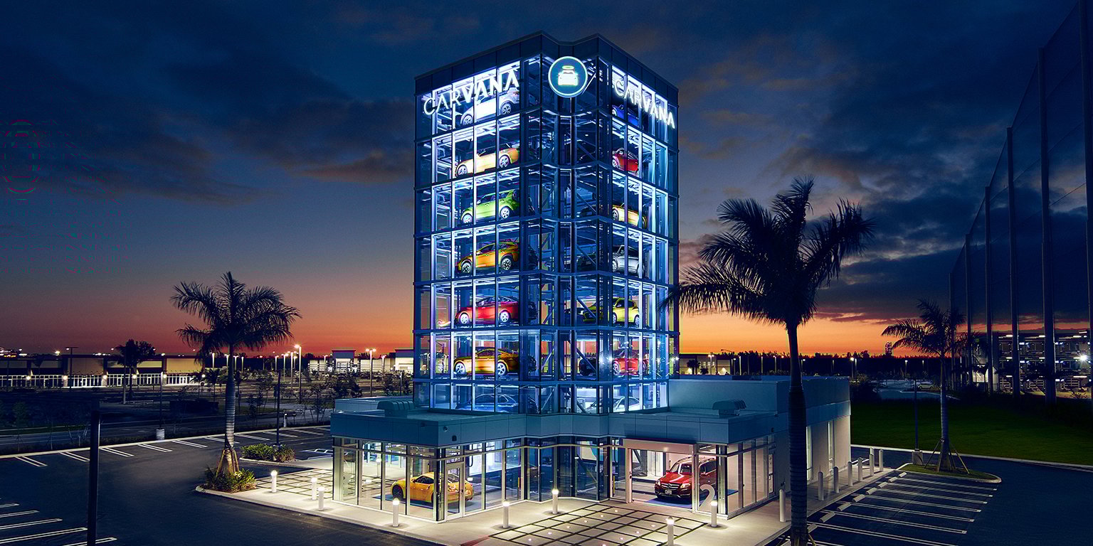A Carvana store in Miami, with its distinctive vending machine tower garage. 