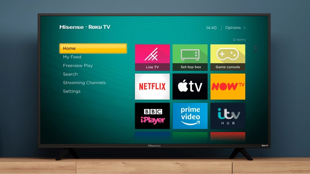 The Roku TV home screen with icons for different streaming services and apps