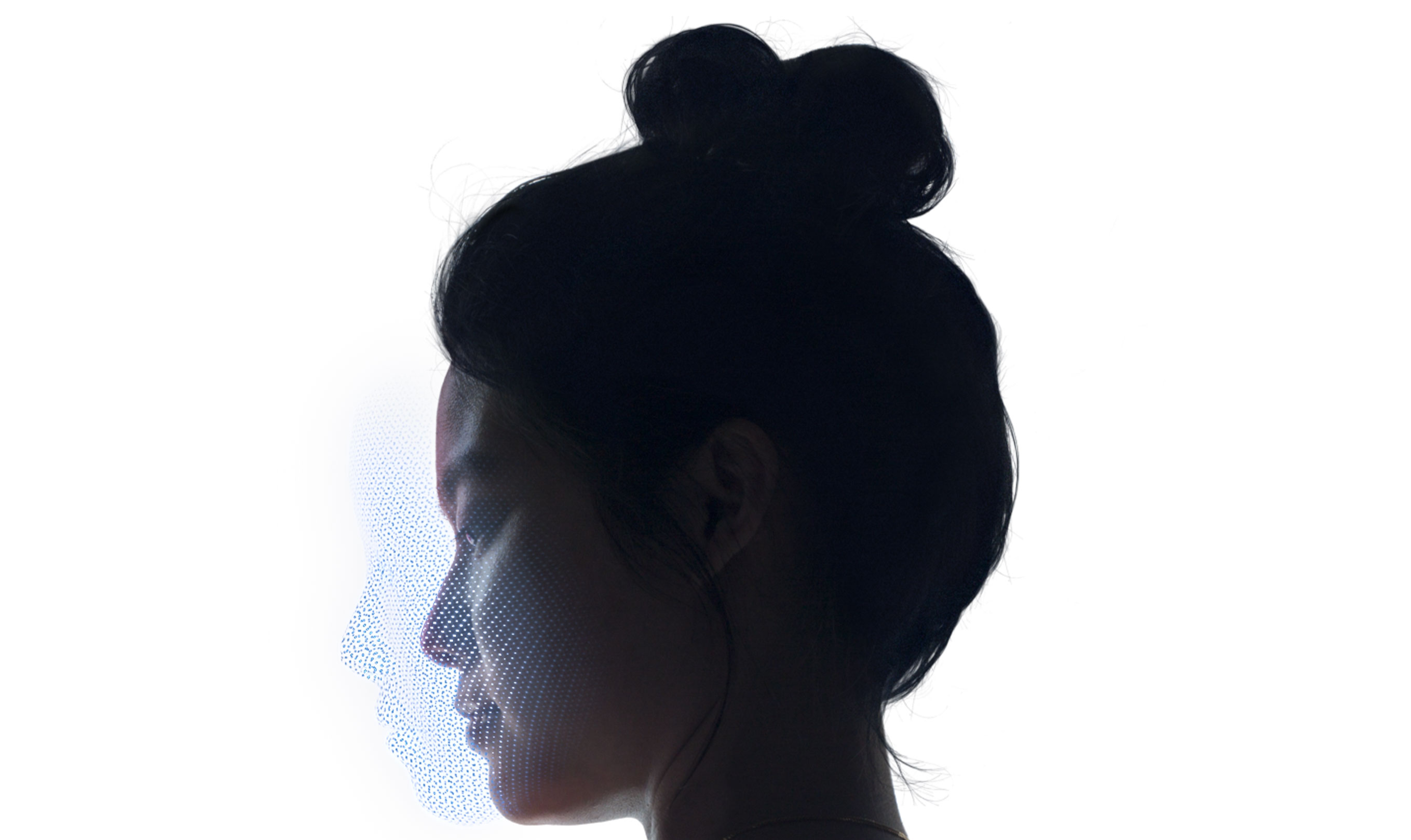 Visualization of how Face ID creates a depth map, with lines floating above a woman's face