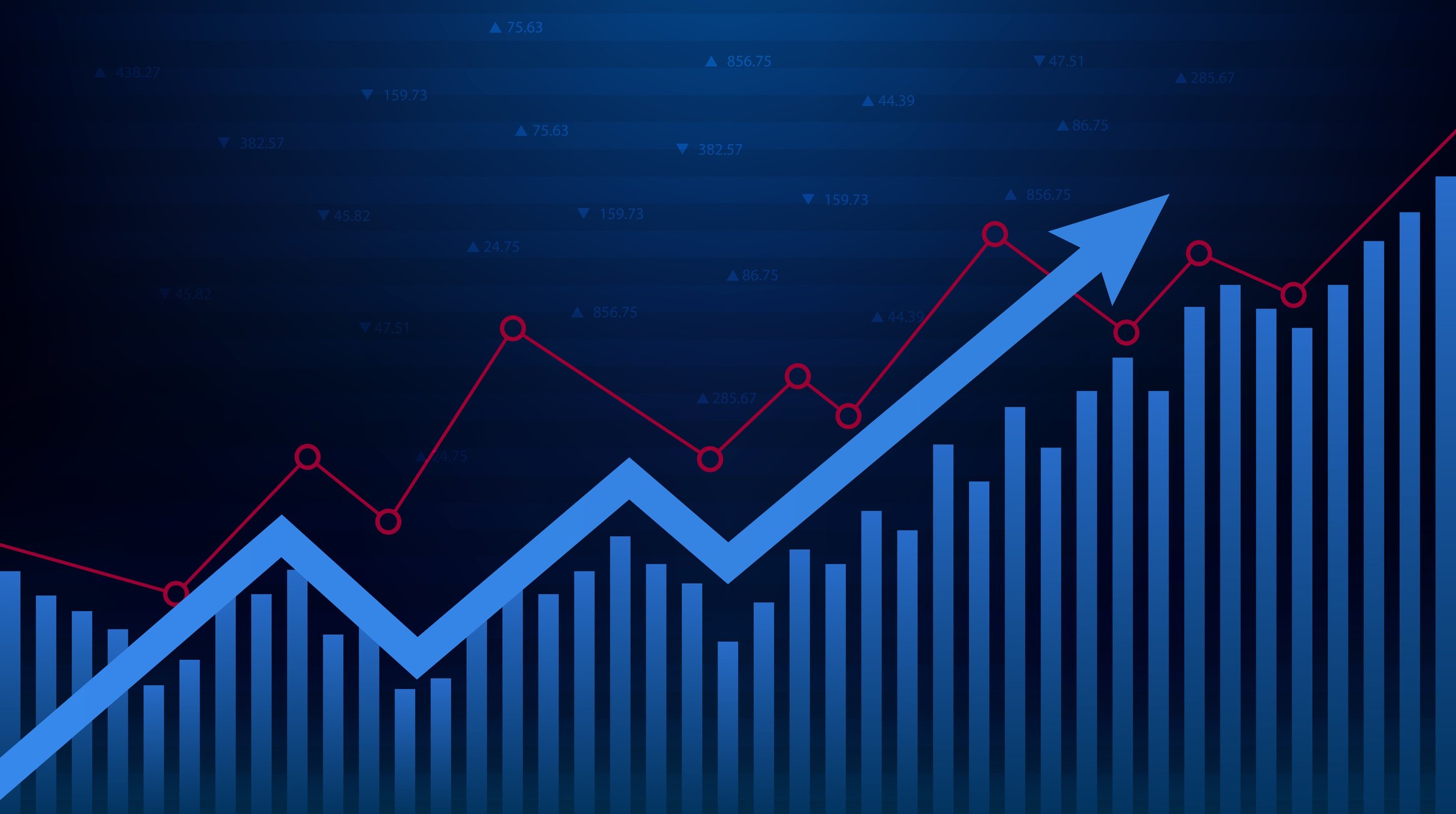 Red and blue graphs on a dark background with an ascending blue arrow.