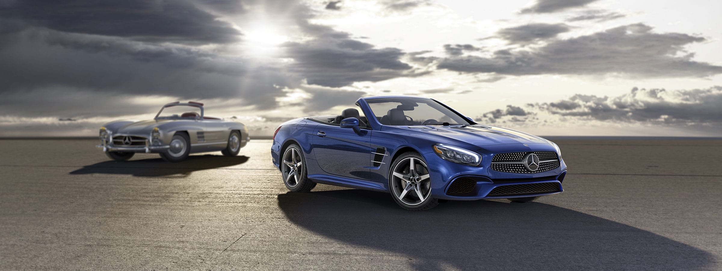 Current and classic Mercedes-Benz cars.