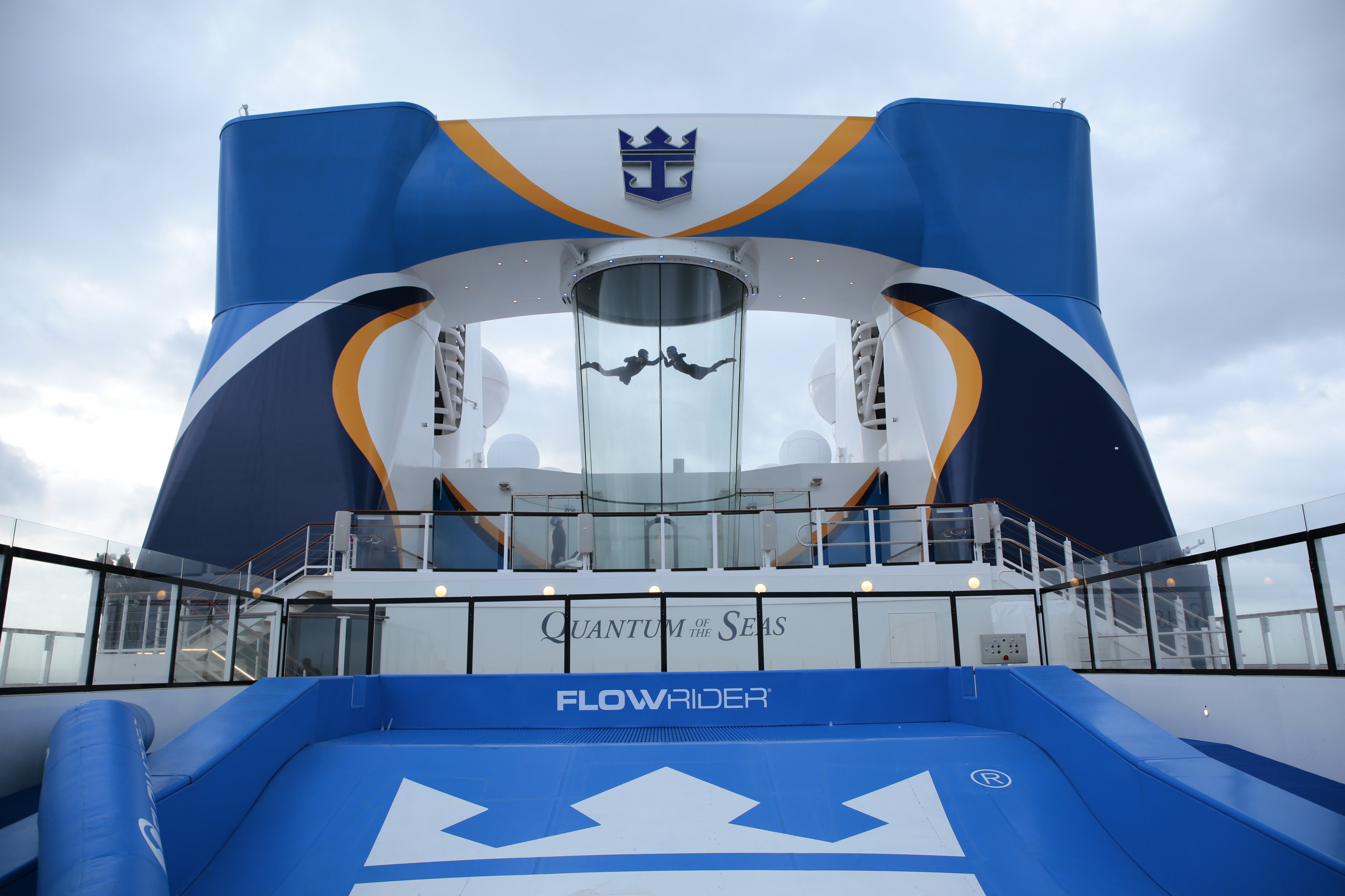 A wind tunnel and surfing simulator at the top of a Royal Caribbean cruise ship.