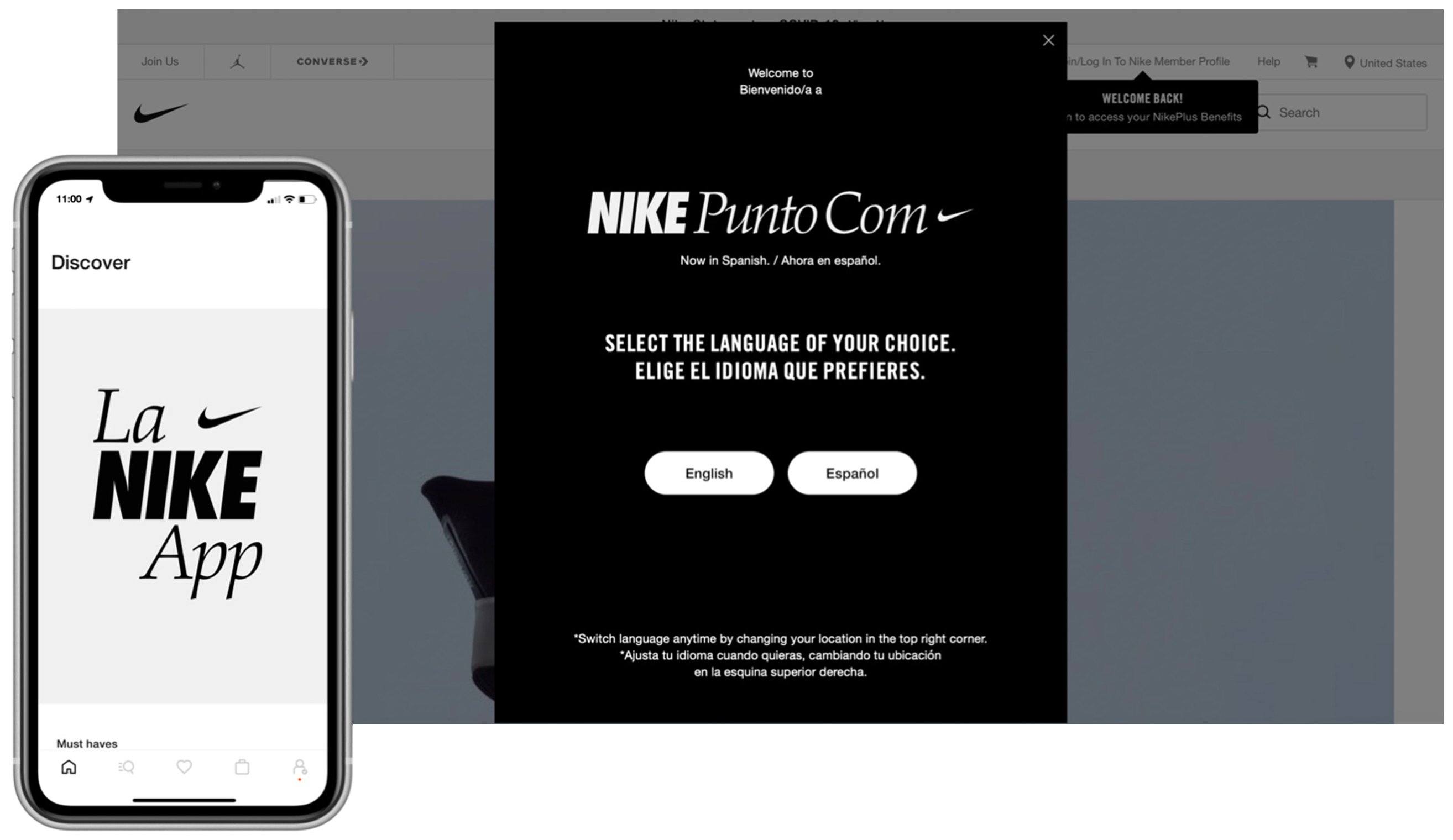 A smartphone displaying the Nike app with the Nike website in the background.