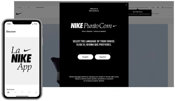 A smartphone displaying the Nike app with the Nike website in the background.