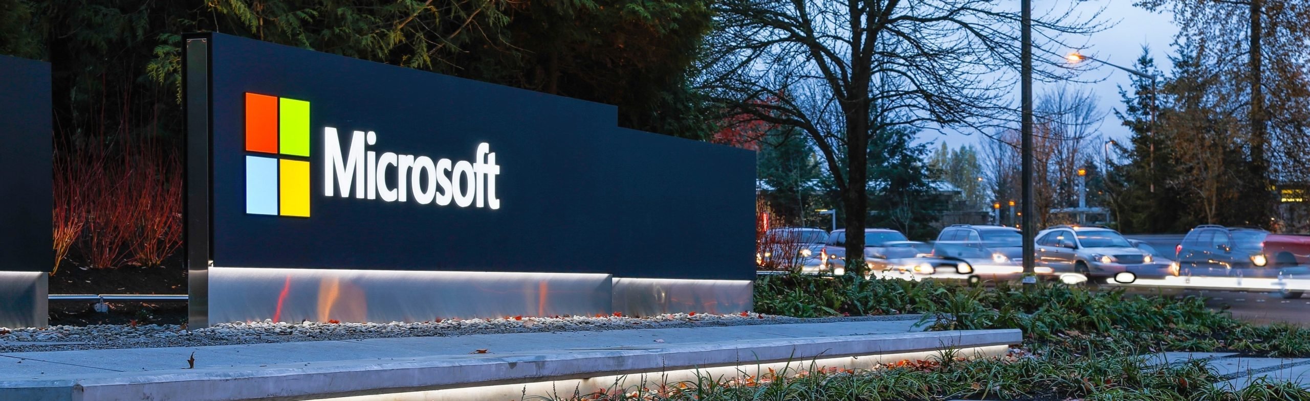 Microsoft sign at an office complex.