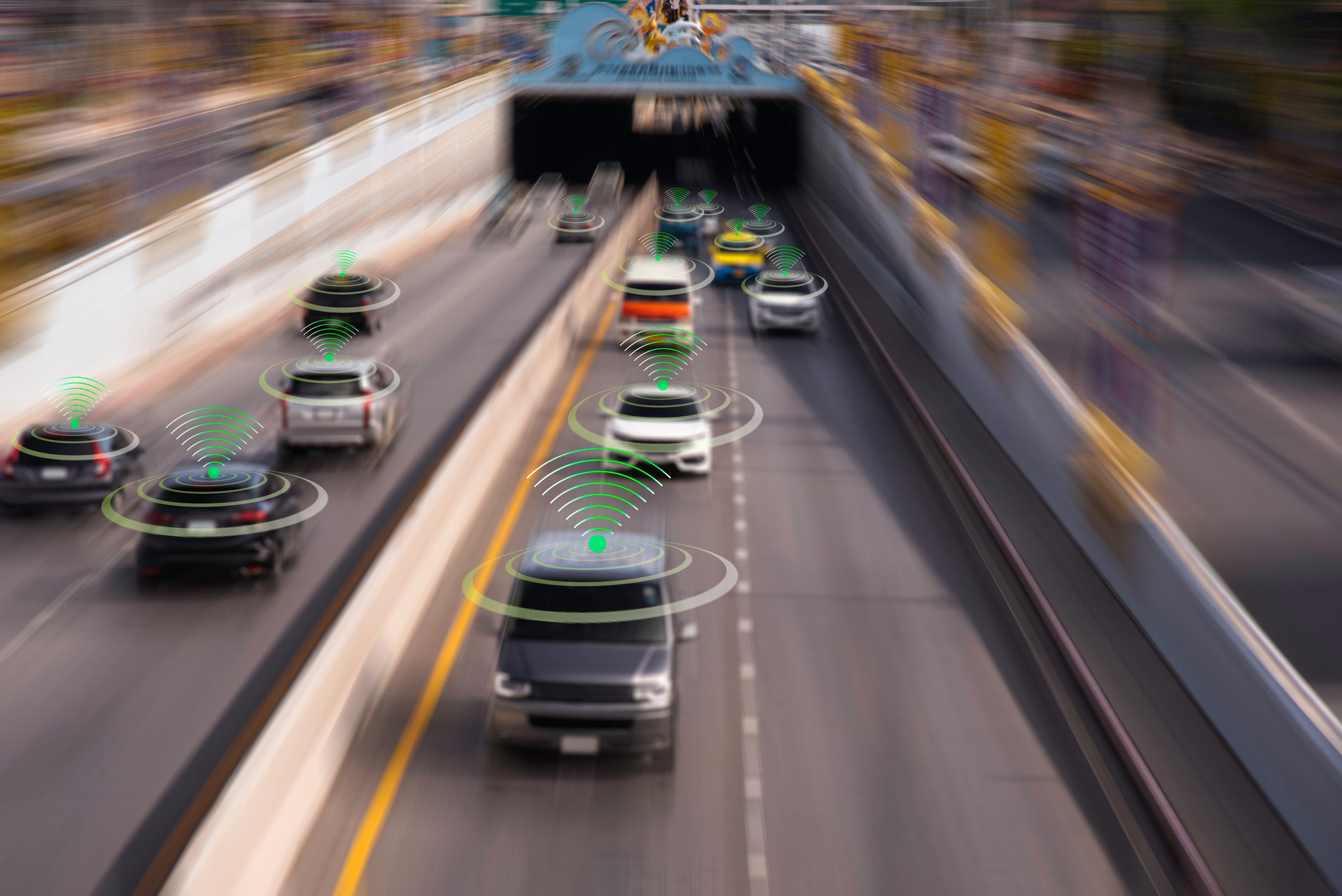 Driverless cars on a freeway.