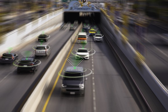 Driverless cars on a freeway.
